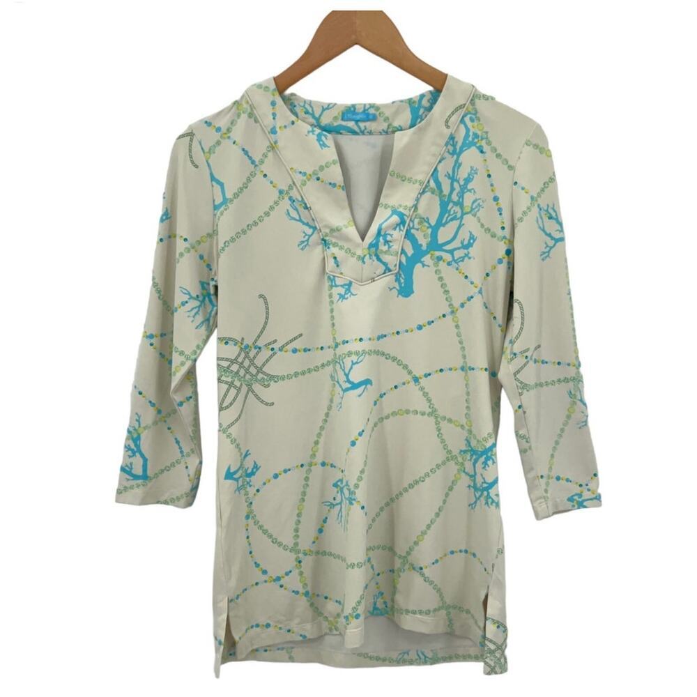J Mclaughlin Aida 3/4th Length Sleeve Top Catalina Cloth Coral Pearls Beach Prep